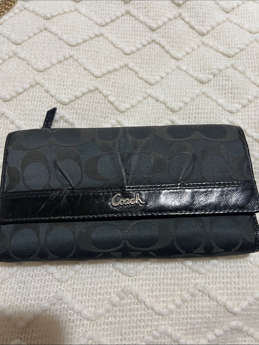 Coach Black Signature Canvas Trifold Wallet with Leather Trim